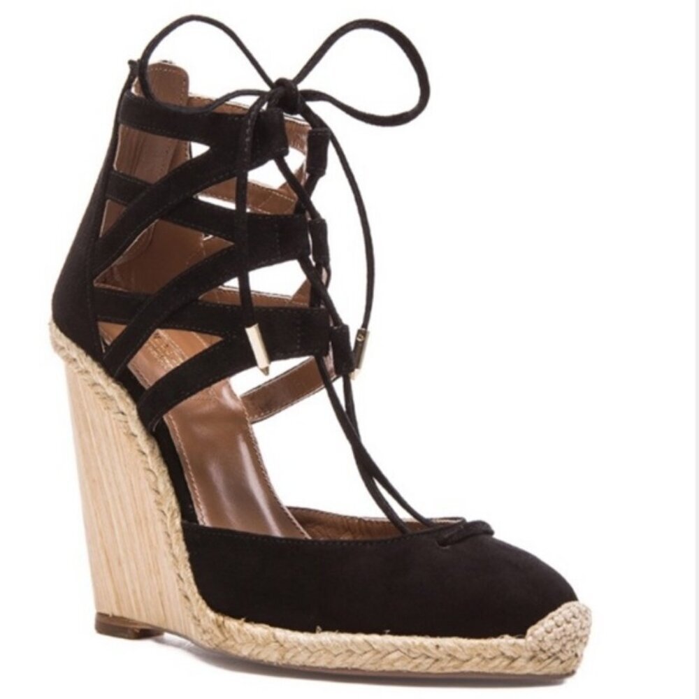 Aquazzura Firenze Belgravia Suede Espadrilles Wedge Pumps Lace Up Black - Picture 2 of 15